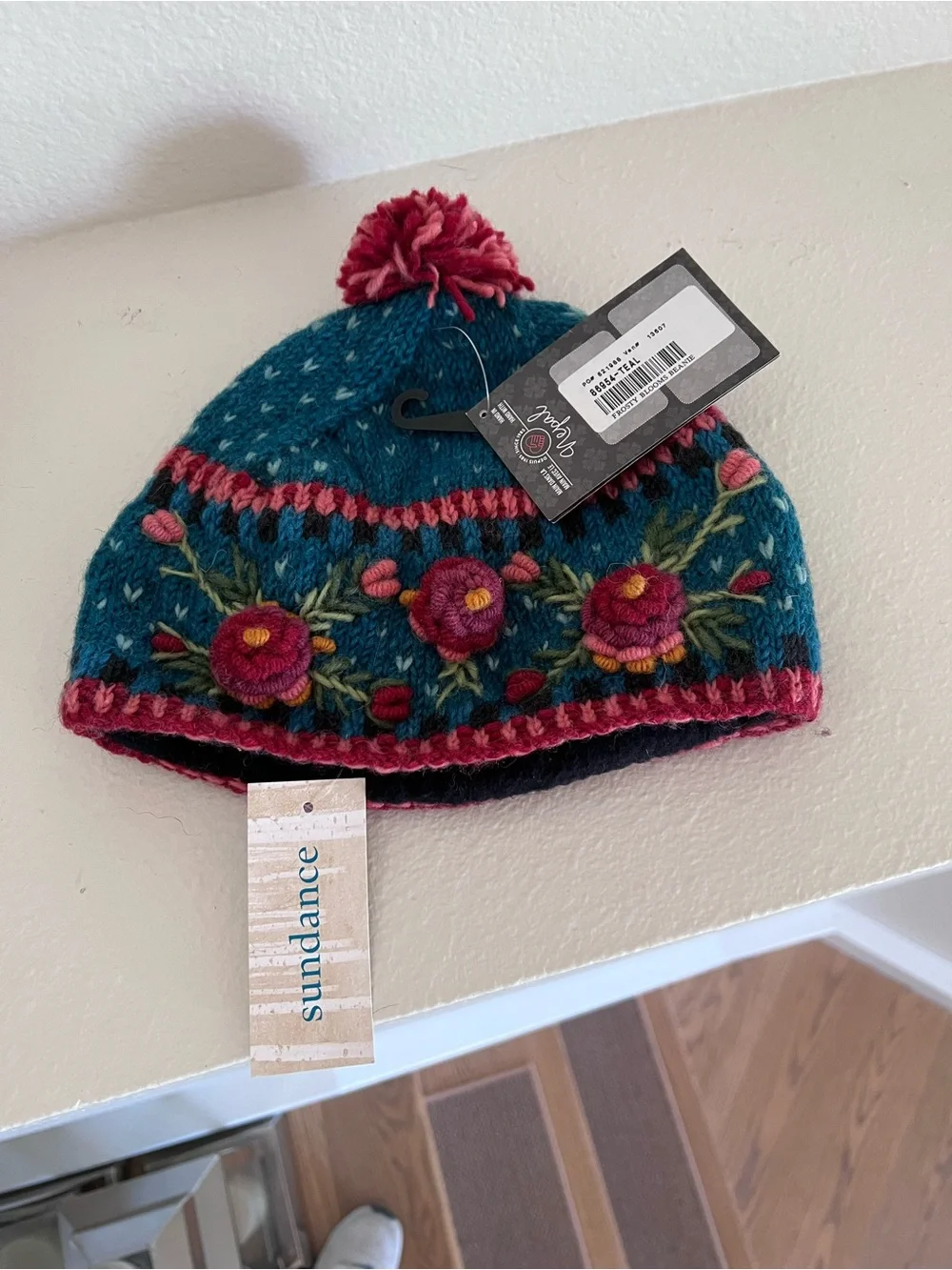 NWT Sundance / Lost Horizons Teal Knit Pom Hat with Pink Floral Embroidery